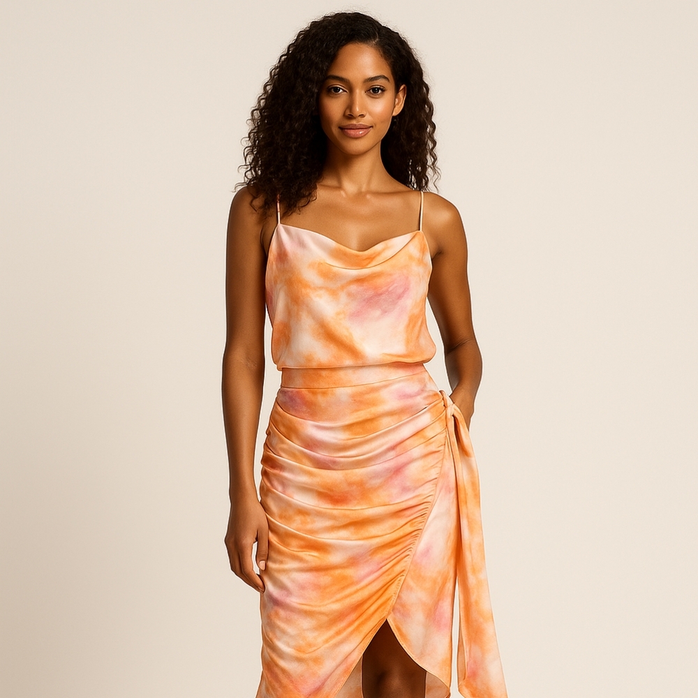 Wayf Orange Satin Cowl Neck Asymmetrical 2pc Size Large